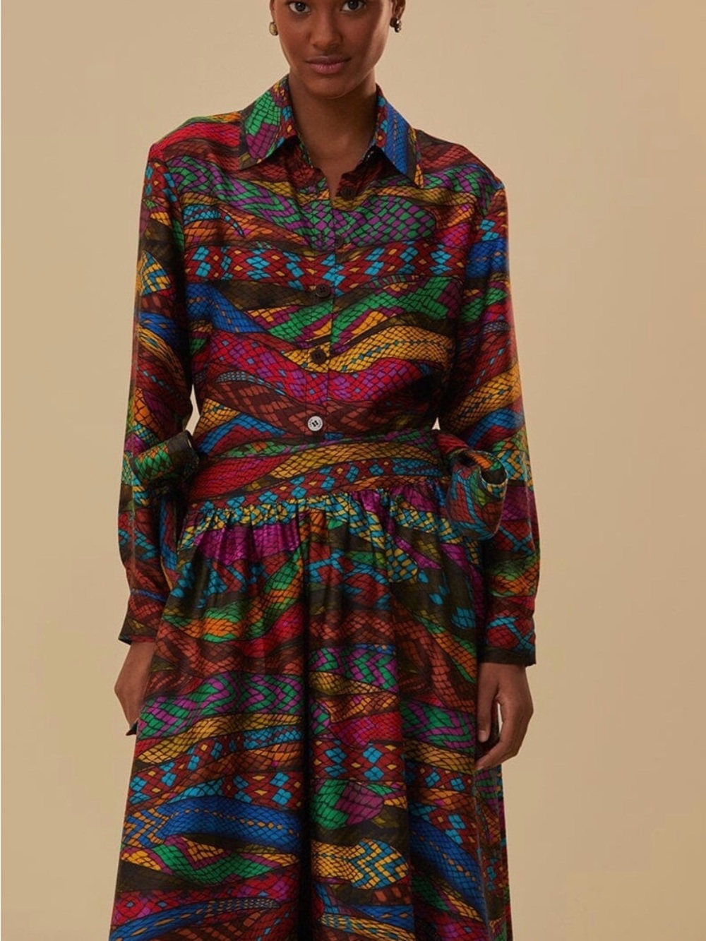 Farm Rio multicolor mirage skirt with bows and button down shirt. Two piece set
